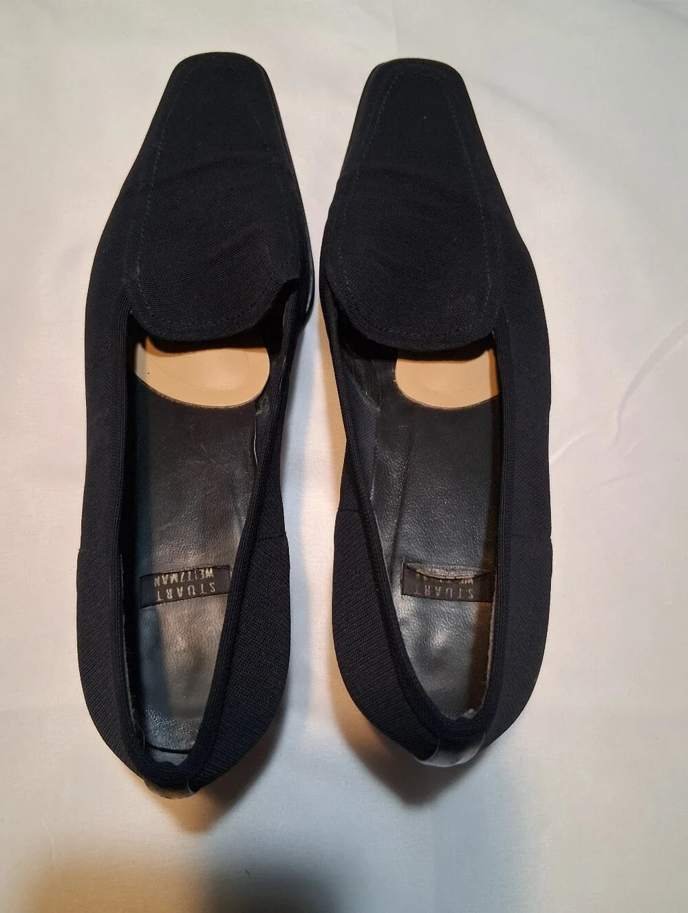 Stuart Weitzman , Black Fabric Kitten Heel Loafers Designer Comfort
